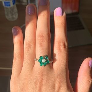 Silver Wire Wrapped Green Flower Ring